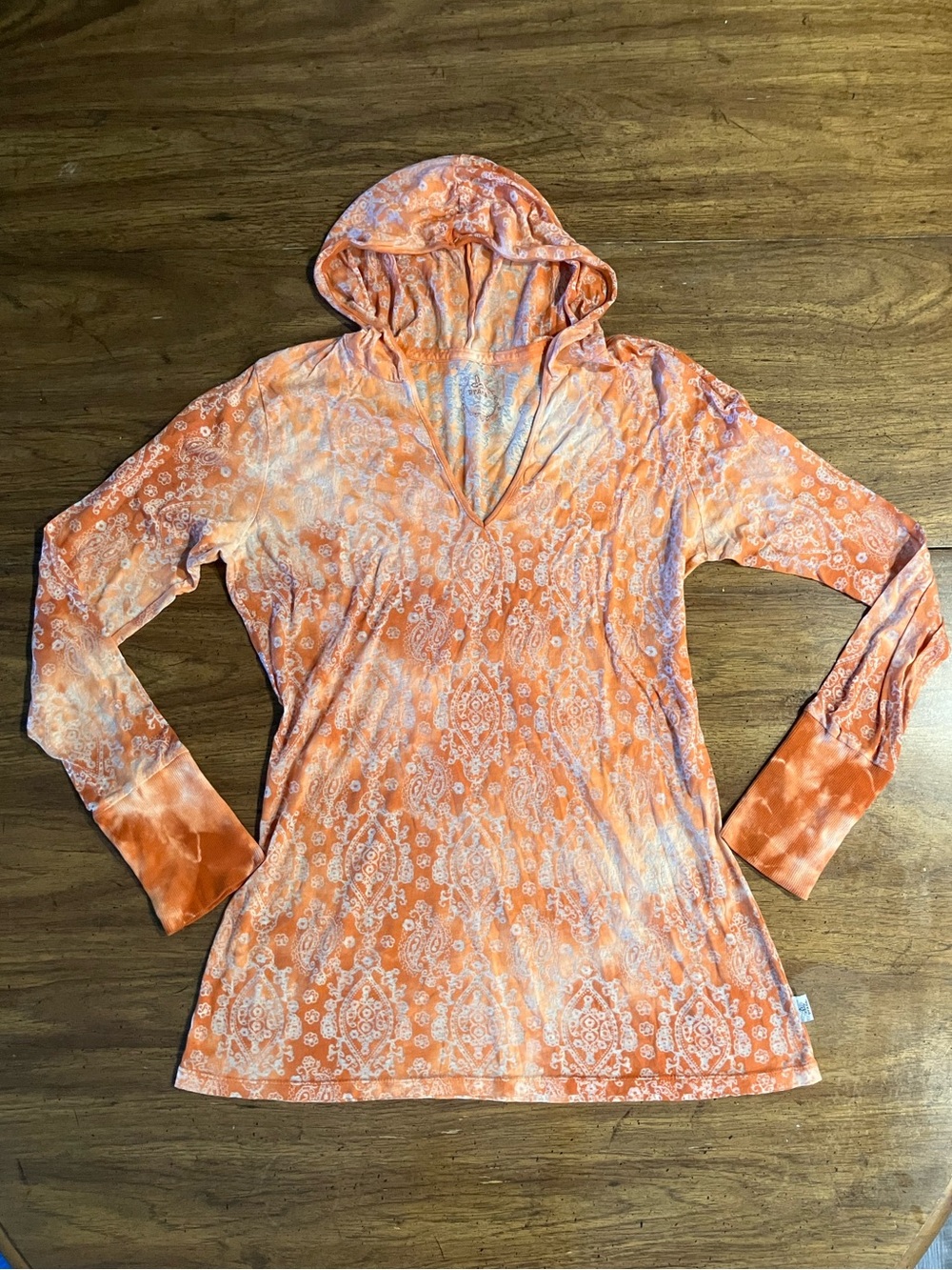 Prana Breathe Hoodie Women XL Orange Paisley Burnout Organic Cotton Tunic Shirt